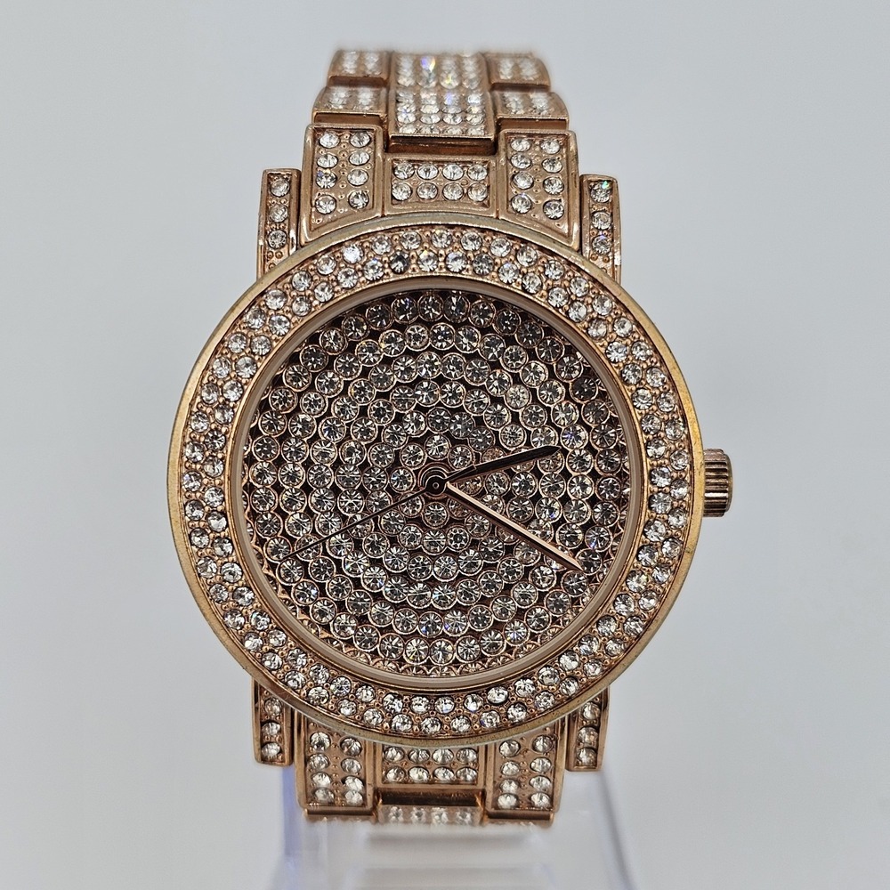 38MM Women's Watch Crytal Dial Bezel Gold Tone Bracelet Bands 6" New Battery